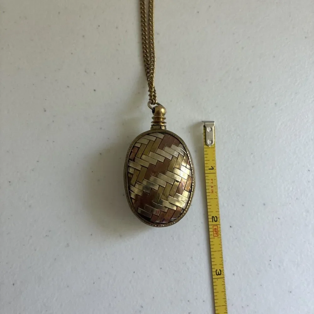 Vintage Perfume Bottle Necklace Pendant Chatelaine Woven Mixed Metal Flask 1.6oz